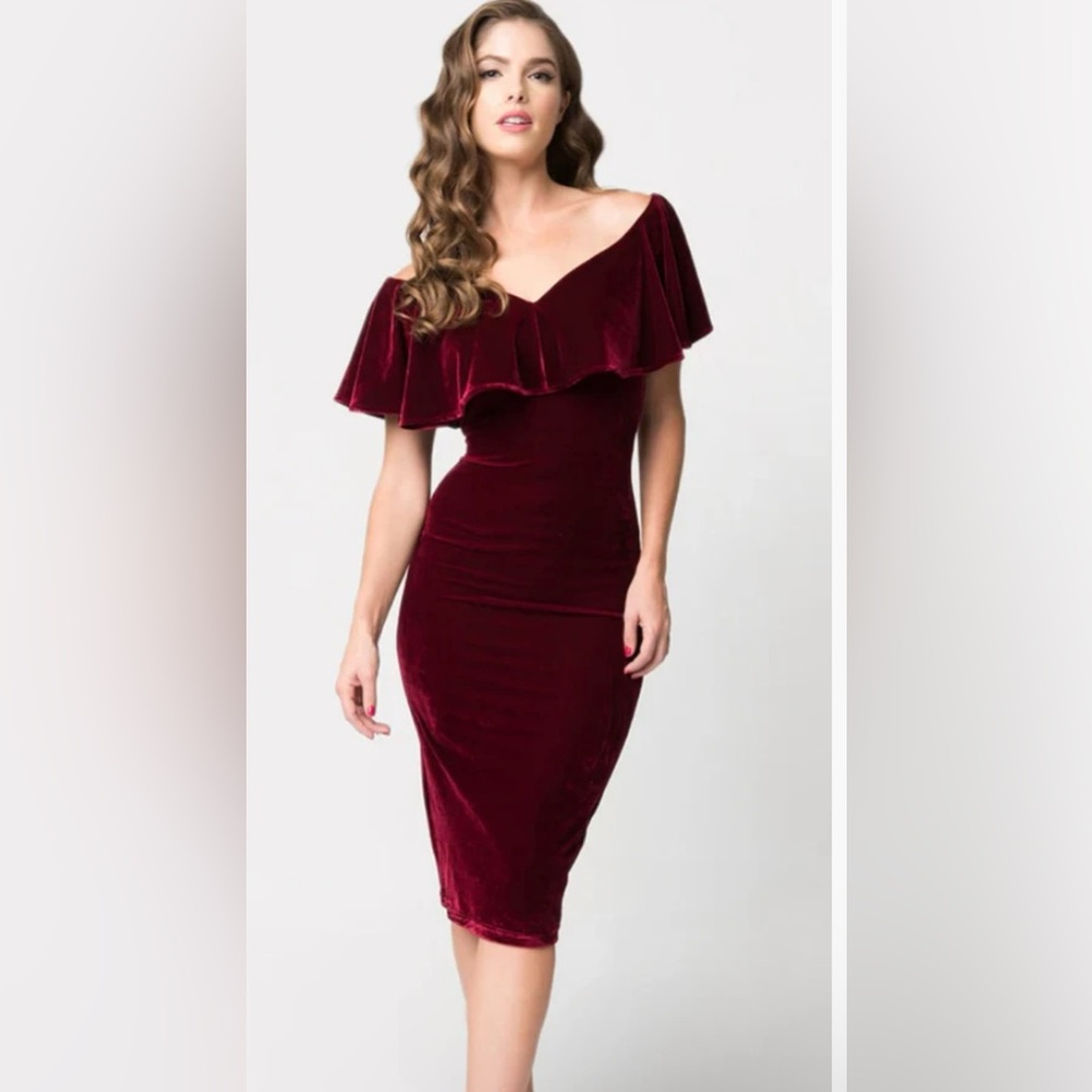 Unique Vintage Burgundy Velvet Wiggle Bombshell Dress with Flutter Sleeves